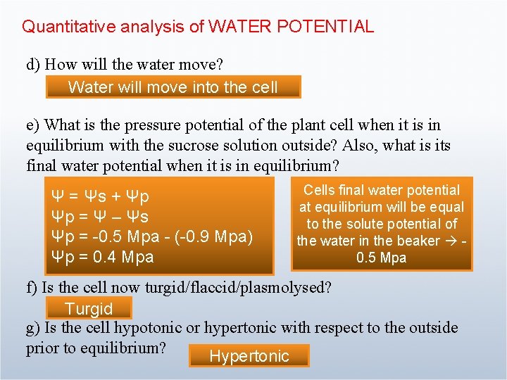 Quantitative analysis of WATER POTENTIAL d) How will the water move? Water will move