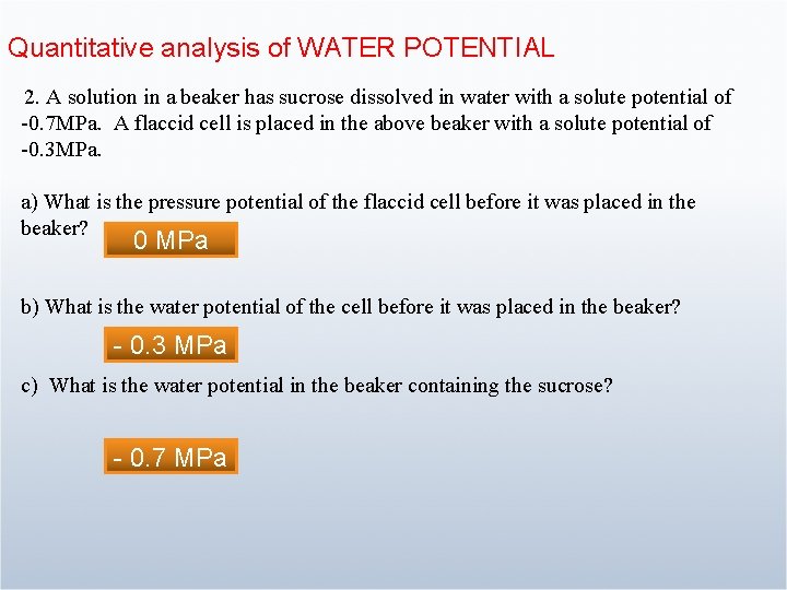 Quantitative analysis of WATER POTENTIAL 2. A solution in a beaker has sucrose dissolved