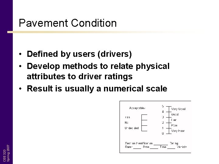 Pavement Condition CEE 320 Spring 2007 • Defined by users (drivers) • Develop methods