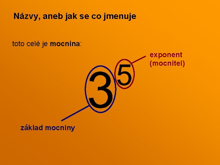 Názvy, aneb jak se co jmenuje toto celé je mocnina: exponent (mocnitel) základ mocniny Názvy, aneb jak se co jmenuje toto celé je mocnina: exponent (mocnitel) základ mocniny