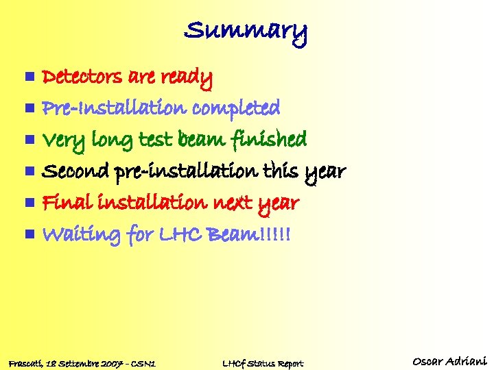 Summary Detectors are ready n Pre-Installation completed n Very long test beam finished n