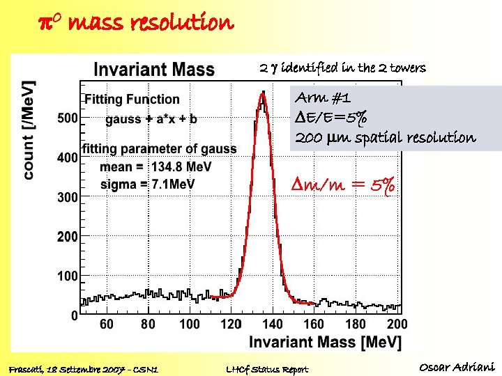 p 0 mass resolution 2 g identified in the 2 towers Arm #1 DE/E=5%