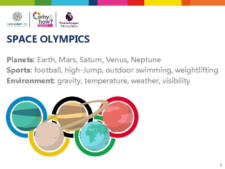 SPACE OLYMPICS Planets: Earth, Mars, Saturn, Venus, Neptune Sports: football, high-Jump, outdoor swimming, weightlifting