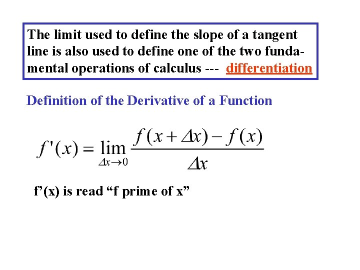 The limit used to define the slope of a tangent line is also used