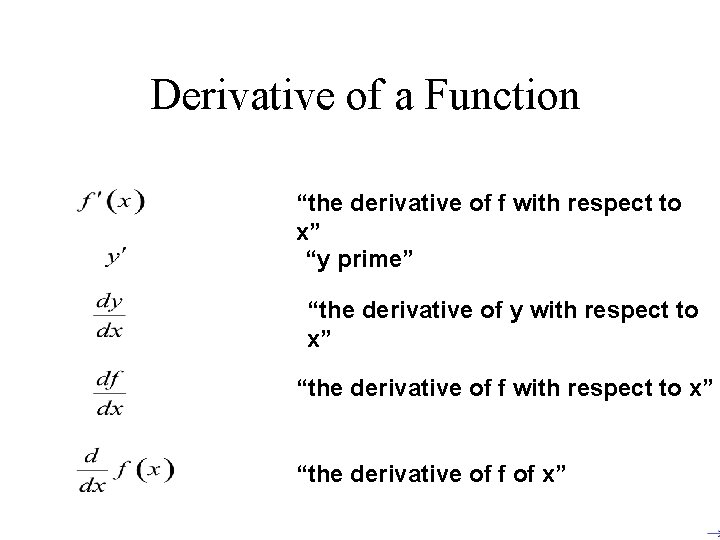  Derivative of a Function “the derivative of f with respect to x” “y