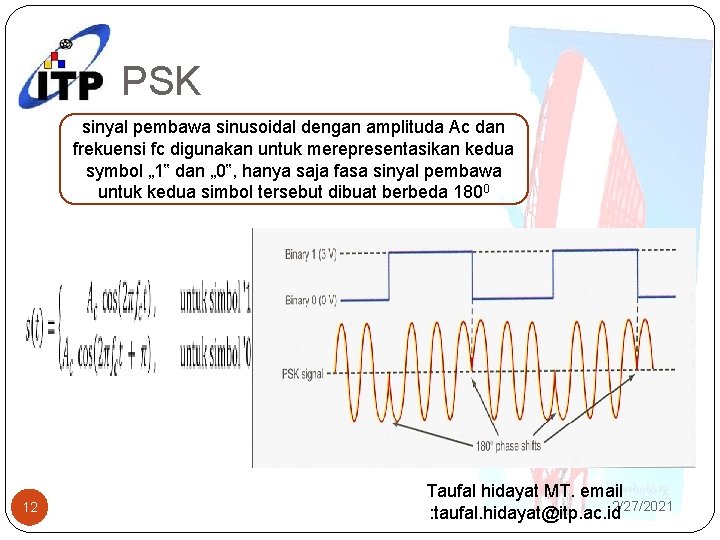 PSK sinyal pembawa sinusoidal dengan amplituda Ac dan frekuensi fc digunakan untuk merepresentasikan kedua