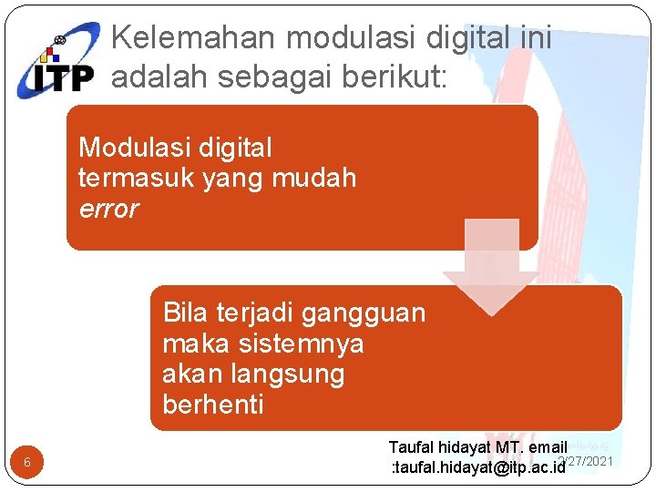 Kelemahan modulasi digital ini adalah sebagai berikut: Modulasi digital termasuk yang mudah error Bila
