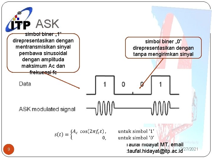 ASK simbol biner „ 1‟ direpresentasikan dengan mentransmisikan sinyal pembawa sinusoidal dengan amplituda maksimum