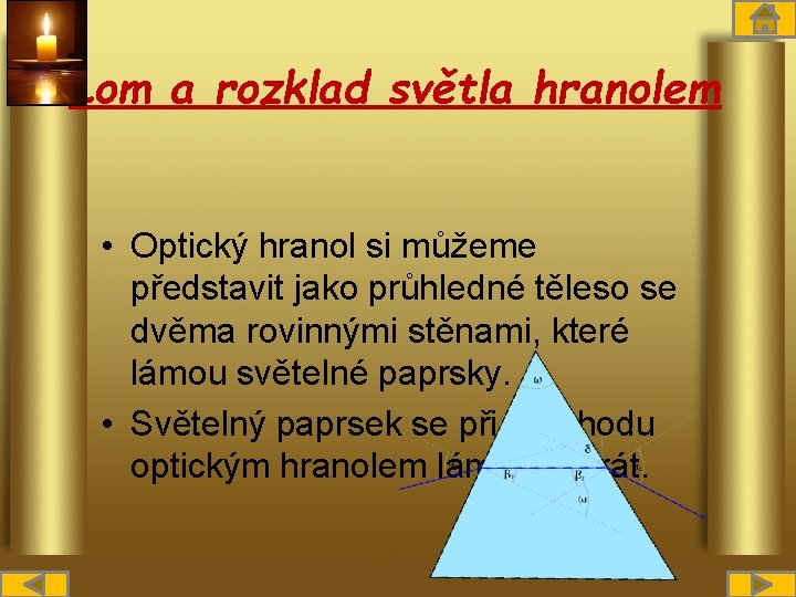 Lom a rozklad světla hranolem • Optický hranol si můžeme představit jako průhledné těleso