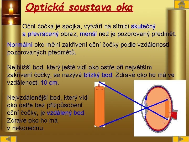 Optická soustava oka Oční čočka je spojka, vytváří na sítnici skutečný a převrácený obraz,