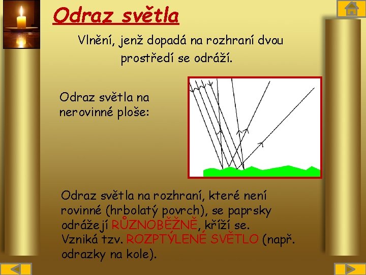 Odraz světla Vlnění, jenž dopadá na rozhraní dvou prostředí se odráží. Odraz světla na