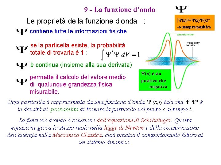 9 - La funzione d’onda Le proprietà della funzione d’onda : contiene tutte le