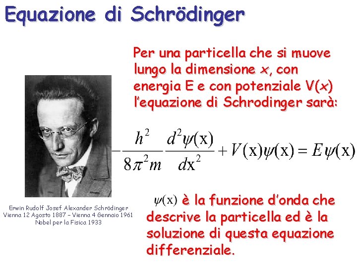 Equazione di Schrödinger Per una particella che si muove lungo la dimensione x, con