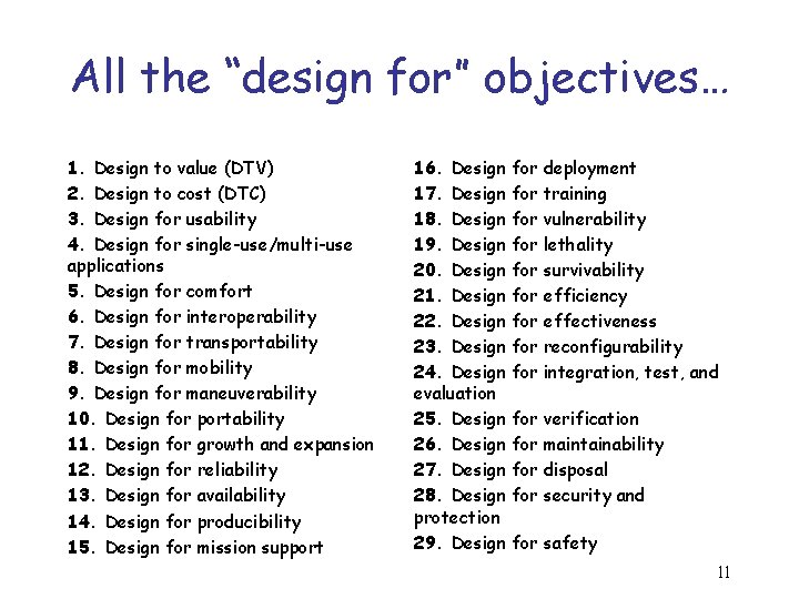 All the “design for” objectives… 1. Design to value (DTV) 2. Design to cost