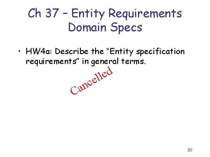 Ch 37 – Entity Requirements Domain Specs • HW 4 a: Describe the “Entity