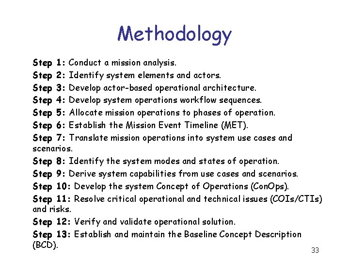 Methodology Step 1: Conduct a mission analysis. Step 2: Identify system elements and actors.