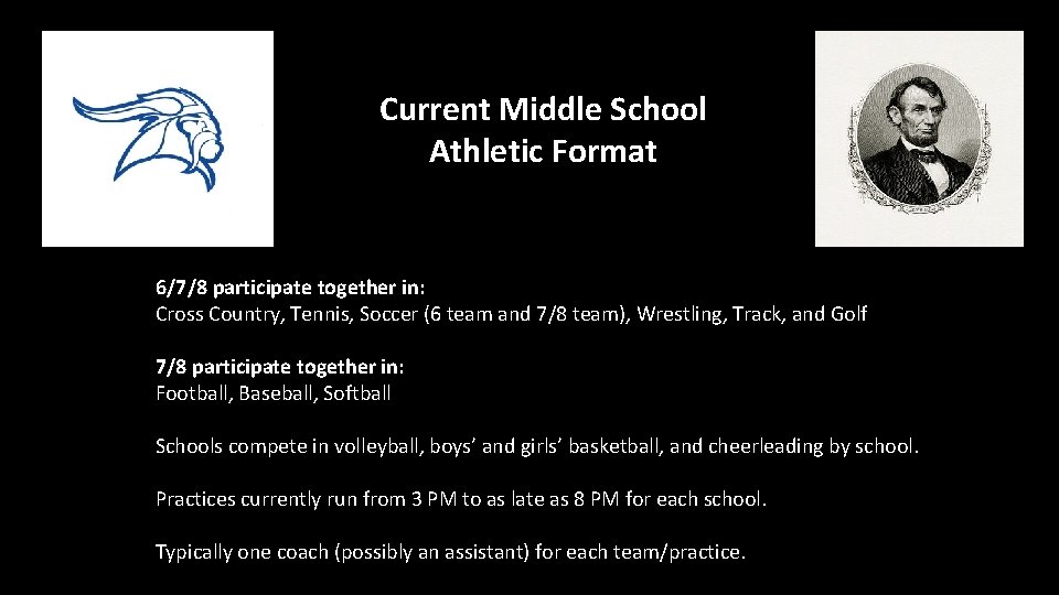 Current Middle School Athletic Format 6/7/8 participate together in: Cross Country, Tennis, Soccer (6