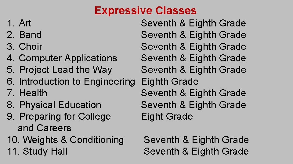 Expressive Classes 1. 2. 3. 4. 5. 6. 7. 8. 9. Art Band Choir