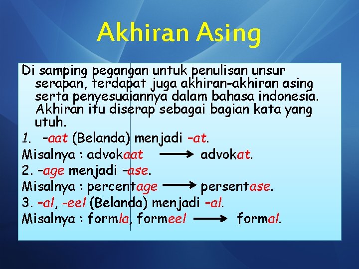 Akhiran Asing Di samping pegangan untuk penulisan unsur serapan, terdapat juga akhiran-akhiran asing serta