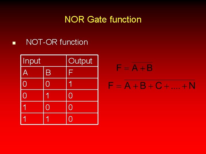 NOR Gate function n NOT-OR function Input A 0 0 1 1 B 0