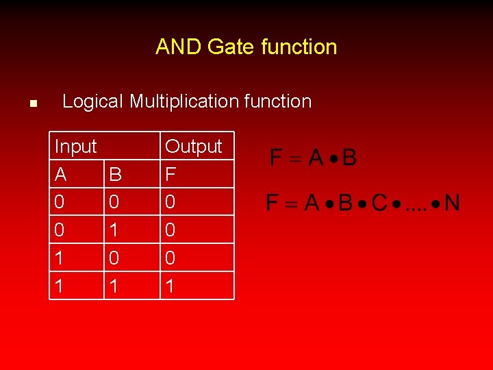 AND Gate function n Logical Multiplication function Input A 0 0 1 1 B