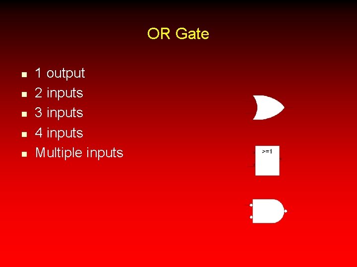 OR Gate n n n 1 output 2 inputs 3 inputs 4 inputs Multiple