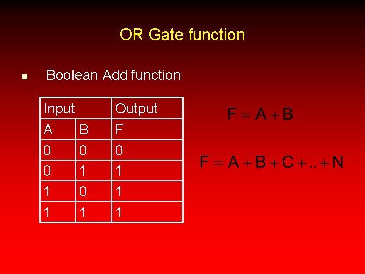 OR Gate function n Boolean Add function Input A 0 0 1 1 B