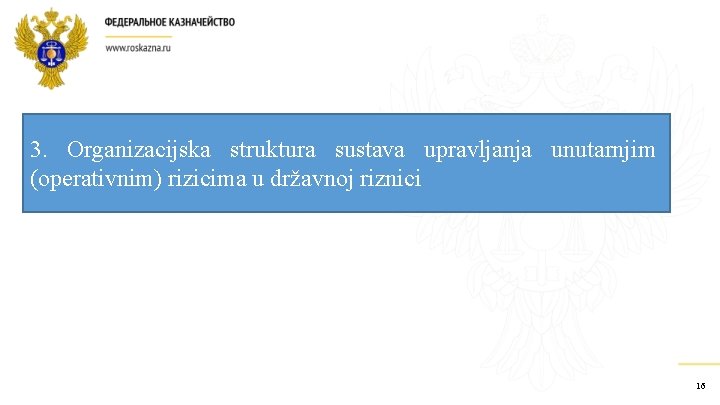 3. Organizacijska struktura sustava upravljanja unutarnjim (operativnim) rizicima u državnoj riznici 16 