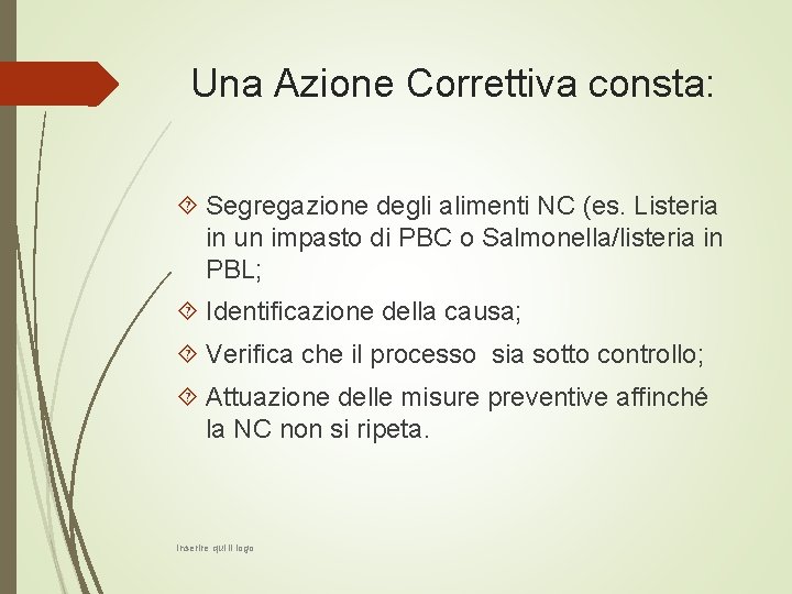 Una Azione Correttiva consta: Segregazione degli alimenti NC (es. Listeria in un impasto di