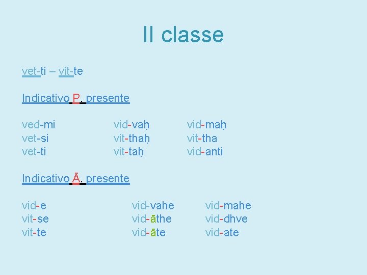 II classe vet-ti – vit-te Indicativo P. presente ved-mi vet-si vet-ti vid-vaḥ vit-thaḥ vit-taḥ