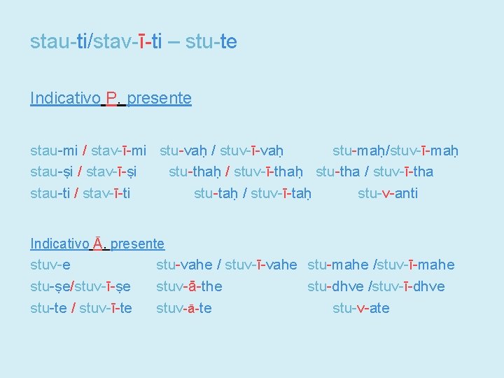 stau-ti/stav-ī-ti – stu-te Indicativo P. presente stau-mi / stav-ī-mi stu-vaḥ / stuv-ī-vaḥ stu-maḥ/stuv-ī-maḥ stau-ṣi