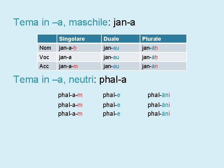 Tema in –a, maschile: jan-a Singolare Duale Plurale Nom jan-a-ḥ jan-au jan-āḥ Voc jan-au