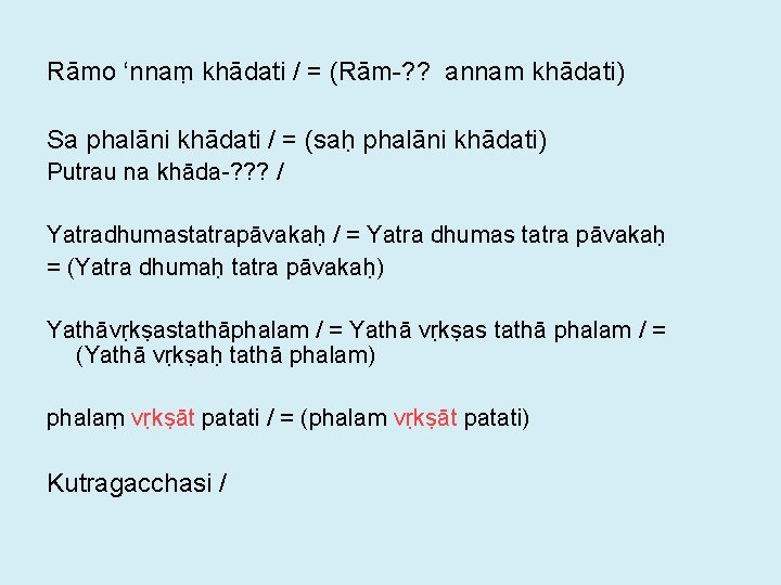 Rāmo ‘nnaṃ khādati / = (Rām-? ? annam khādati) Sa phalāni khādati / =