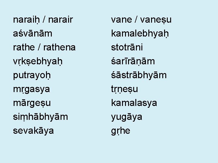 naraiḥ / narair aśvānām rathe / rathena vṛkṣebhyaḥ putrayoḥ mṛgasya mārgeṣu siṃhābhyām sevakāya vane