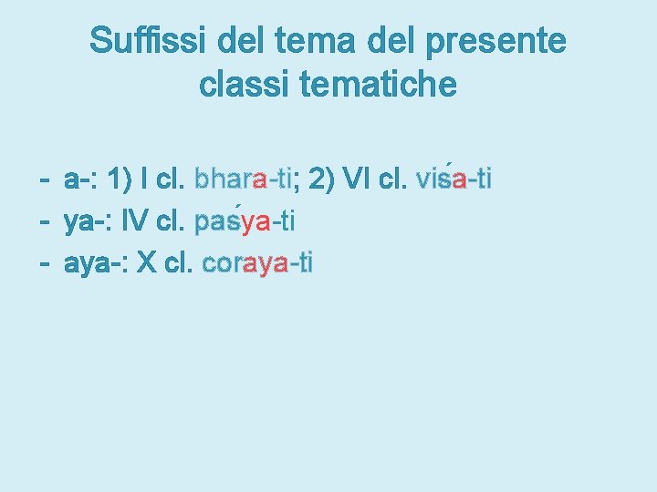 Suffissi del tema del presente classi tematiche - a-: 1) I cl. bhara-ti; 2)