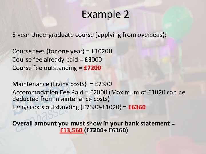 Example 2 3 year Undergraduate course (applying from overseas): Course fees (for one year)