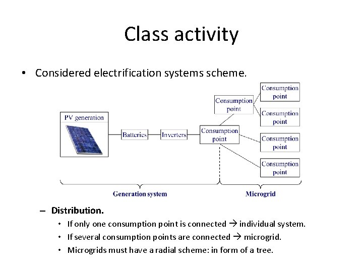 Class activity • Considered electrification systems scheme. – Distribution. • If only one consumption