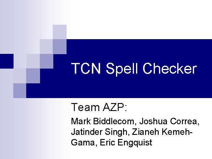 TCN Spell Checker Team AZP: Mark Biddlecom, Joshua Correa, Jatinder Singh, Zianeh Kemeh. Gama,