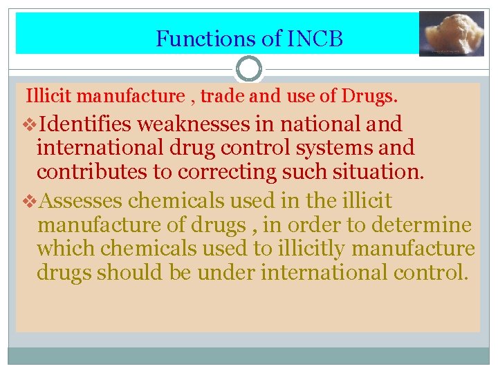 Functions of INCB Illicit manufacture , trade and use of Drugs. v. Identifies weaknesses