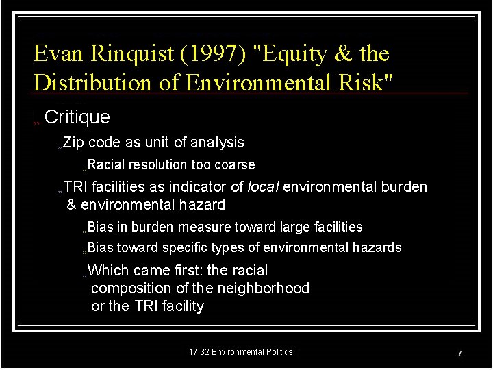 Evan Rinquist (1997) "Equity & the Distribution of Environmental Risk" „ Critique „ Zip