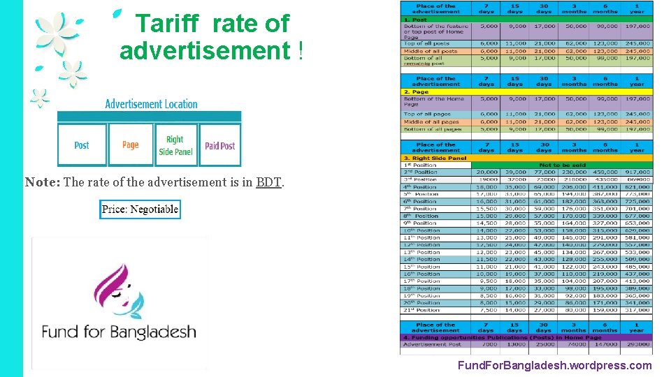 Tariff rate of advertisement ! Note: The rate of the advertisement is in BDT.