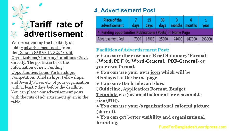 4. Advertisement Post Tariff rate of advertisement ! We are extending the flexibility of