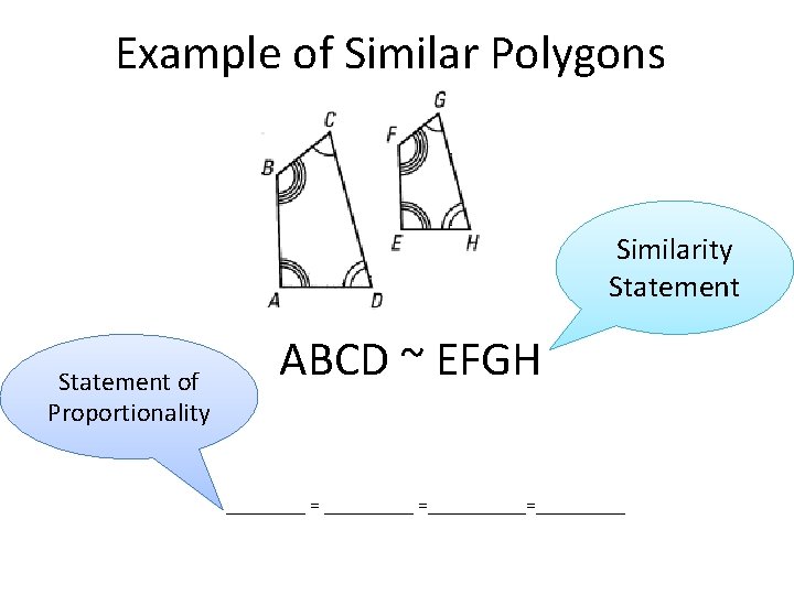 Example of Similar Polygons Similarity Statement of Proportionality ABCD ~ EFGH ____ = _____