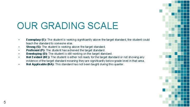 OUR GRADING SCALE ▪ ▪ ▪ 5 Exemplary (E): The student is working significantly