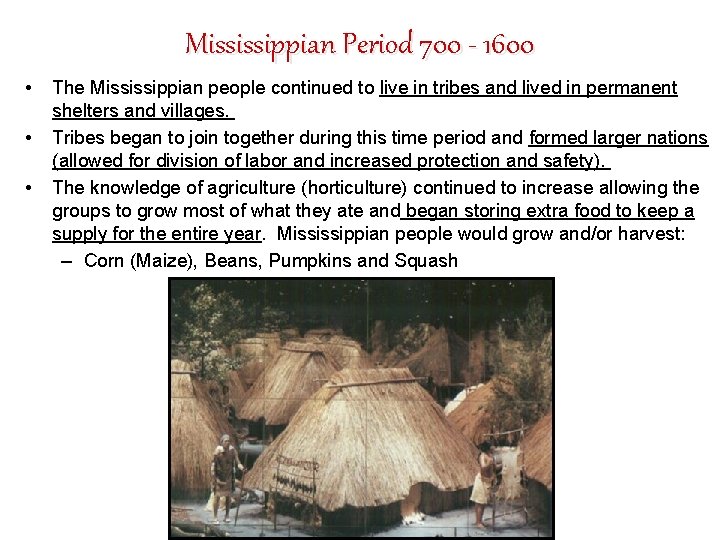Mississippian Period 700 - 1600 • • • The Mississippian people continued to live
