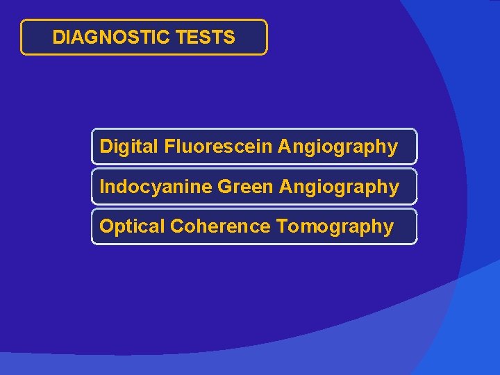 DIAGNOSTIC TESTS Digital Fluorescein Angiography Indocyanine Green Angiography Optical Coherence Tomography 