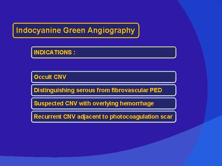 Indocyanine Green Angiography INDICATIONS : Occult CNV Distinguishing serous from fibrovascular PED Suspected CNV