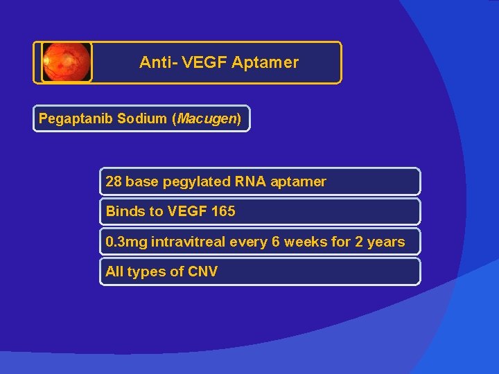 Anti- VEGF Aptamer Pegaptanib Sodium (Macugen) 28 base pegylated RNA aptamer Binds to VEGF