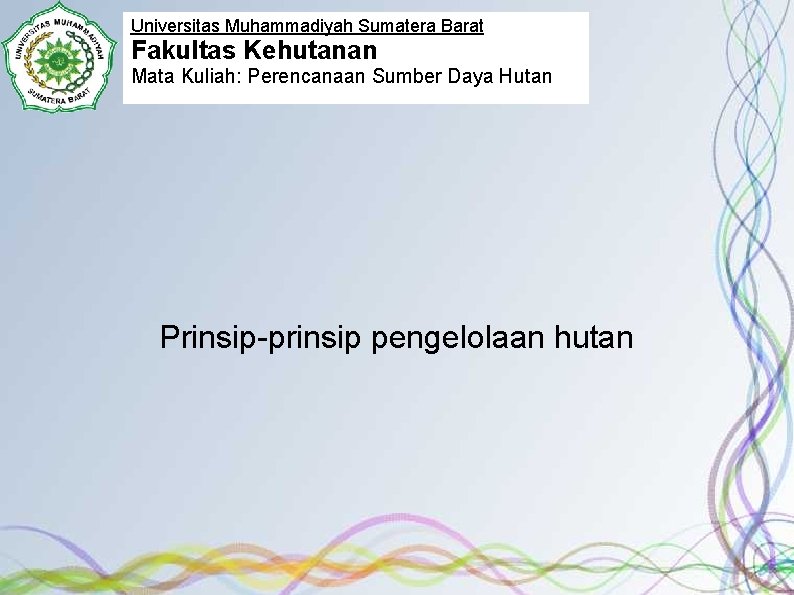 Universitas Muhammadiyah Sumatera Barat Fakultas Kehutanan Mata Kuliah: Perencanaan Sumber Daya Hutan Prinsip-prinsip pengelolaan