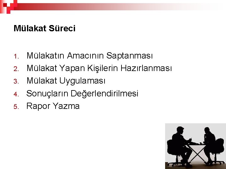 Mülakat Süreci 1. 2. 3. 4. 5. Mülakatın Amacının Saptanması Mülakat Yapan Kişilerin Hazırlanması